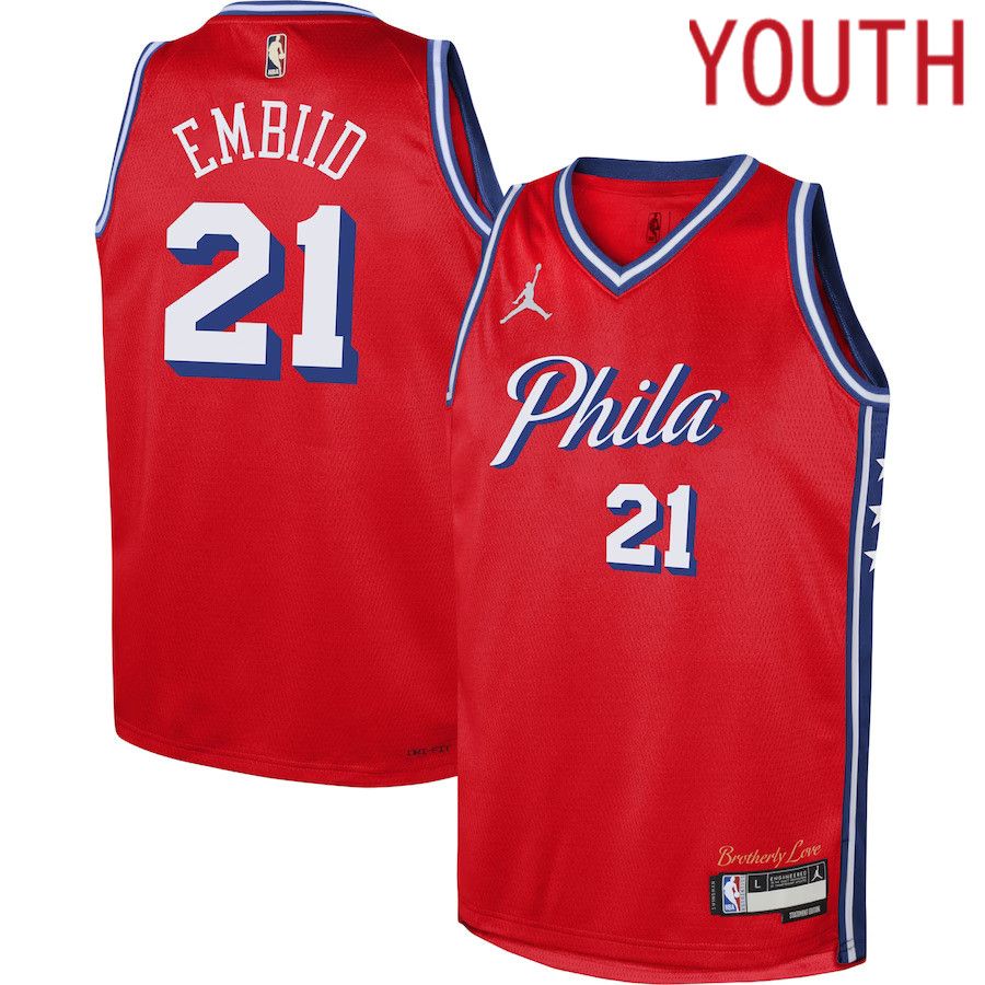 Youth Philadelphia 76ers #21 Joel Embiid Jordan Brand Red 2022-23 Swingman NBA Jersey->youth nba jersey->Youth Jersey